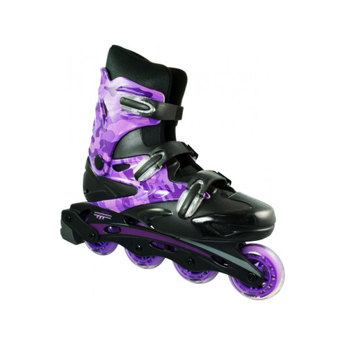 Front Facing Purple Linear Camo Roller Blades from Roller Skate Nation