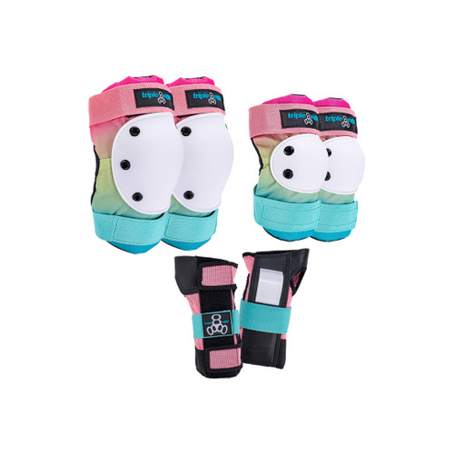 Front Facing Pink Green and Blue Shaved Ice Triple 8 Saver Series Pads from Roller Skate Nation 1