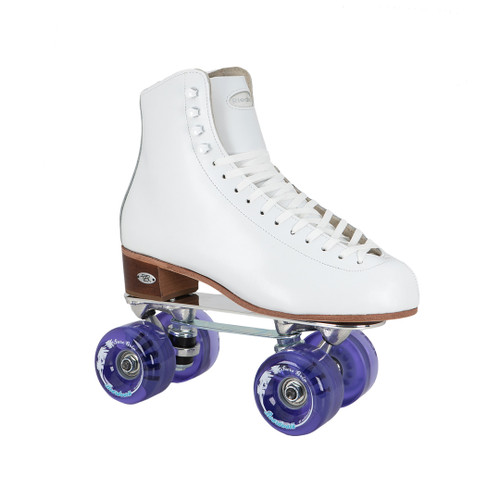 Side Facing White Riedell 220 Roller Skates  with purple wheels from Roller Skate Nation