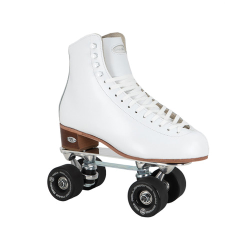 Front Facing White Riedell 220 Roller Skates  with black wheels from Roller Skate Nation