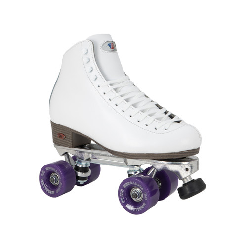 Front Facing White Riedell 120 Roller Skates with Purple wheels From Roller Skate Nation