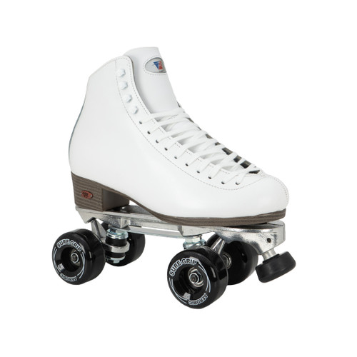 Front Facing White Riedell 120 Roller Skates with black wheels from Roller Skate Nation