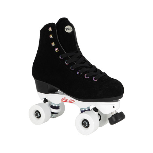 VNLA Luna Black Suede Roller Skate with Sure-Grip Avanti Magnesium Plate and Sure-Grip White Velvet Wheels