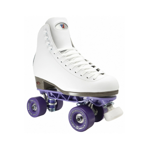 Front Facing White Riedell 120 Roller Skates with Purple wheels From Roller Skate Nation