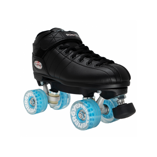 Front Facing Riedell R3 Roller Skates with blue wheels from Roller Skate Nation