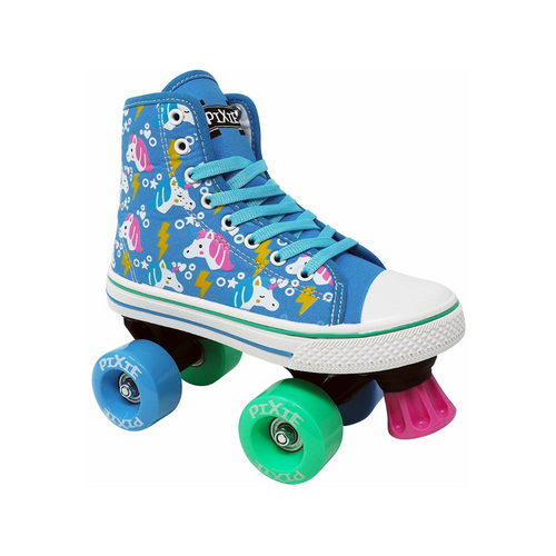 Front Facing Blue Pixie Unicorn Roller Skates from Rollerskatenation